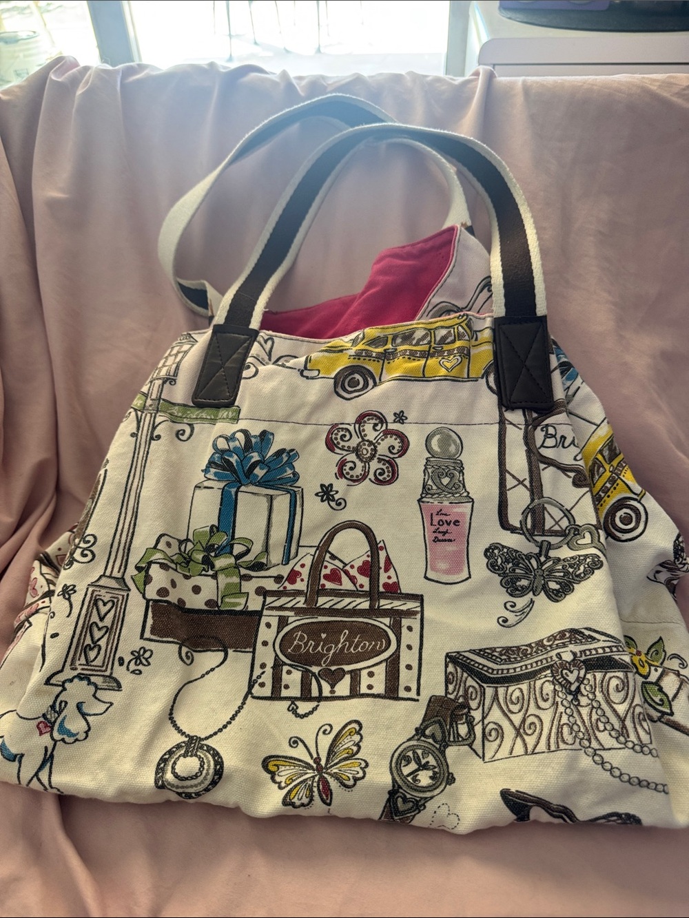 Brighton White Canvas Illustrated Tote with Pink Interior and Yellow Accents